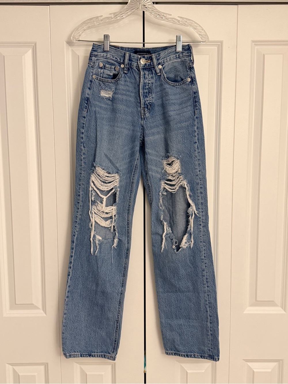 Aeropostale High Rise Distressed Wide Leg Jeans Medium Wash
